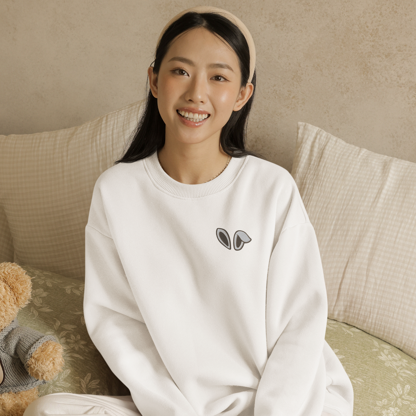 Bunny Ears Embroidered Unisex Crew Neck Sweatshirt