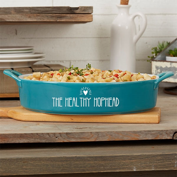 The Healthy HopHead Made With Love Personalized Oval Baking Dish - Turquoise