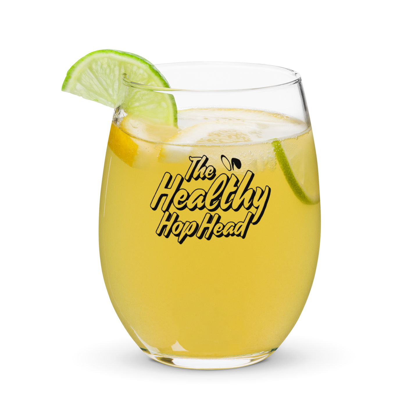 The Healthy HopHead Logo Stemless Wine Glass